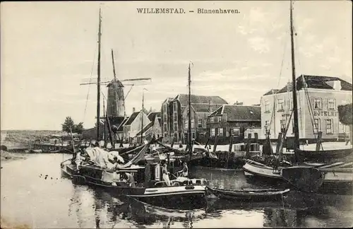 Ak Willemstad Nordbrabant Niederlande, Binnenhaven, Windmühle