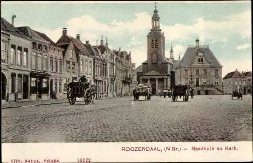 Ak Roosendaal Nordbrabant Niederlande, Raadhuis en Kerk, Pferdekarren