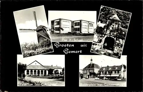 Ak Gemert Bakel Nordbrabant Niederlande, Ridderplein, Gemeentehuis, Pius X School, Molen