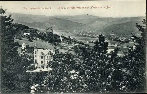 Ak Wernigerode am Harz, Blick vom Blockshornberg auf Hasserode und Brocken