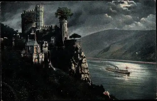 Ak Trechtingshausen am Rhein, Burg Rheinstein, Mondschein