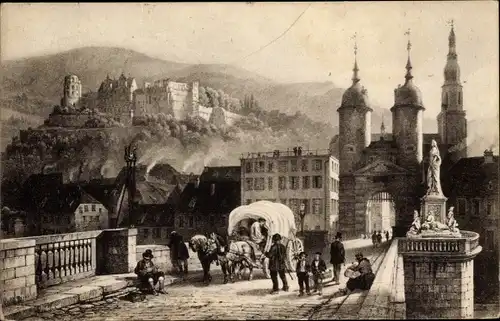 Künstler Ak Paris, C., Heidelberg am Neckar, Schloss, alte Brücke, Denkmal Kurfürst Karl Theodor
