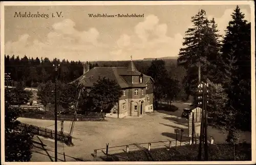 Ak Muldenberg Grünbach im Vogtland Sachsen, Bahnhofshotel Weidlichhaus