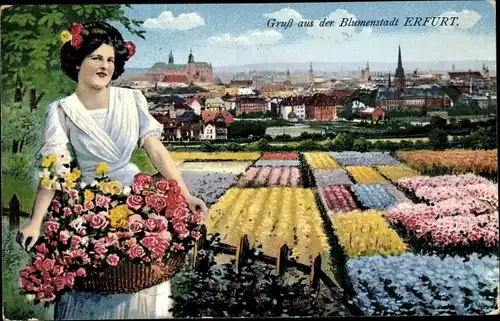 Ak Erfurt in Thüringen, Blumenfeld, Blumenmädchen, Stadt