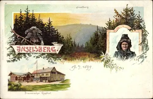 Litho Brotterode in Thüringen, Inselsberg, Frau in Tracht, Preußischer Gasthof, Auerhuhn