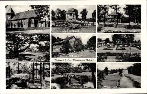 Ak Müden an der Örtze Faßberg Lüneburger Heide, Löns-Denkmal, Wassermühle, Kirche, Hotel Zur Post