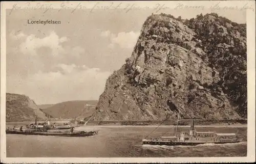 Ak Sankt Goarshausen am Rhein, Loreley, Loreleyfelsen, Schiffe