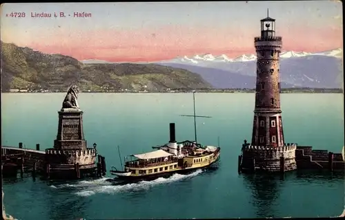 Ak Lindau am Bodensee Schwaben, Hafen, Leuchtturm, Schiff