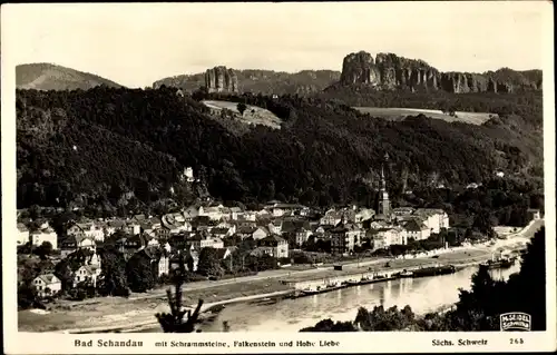 Ak Bad Schandau Sächsische Schweiz, mit Schrammsteinen, Falkenstein und Hohe Liebe