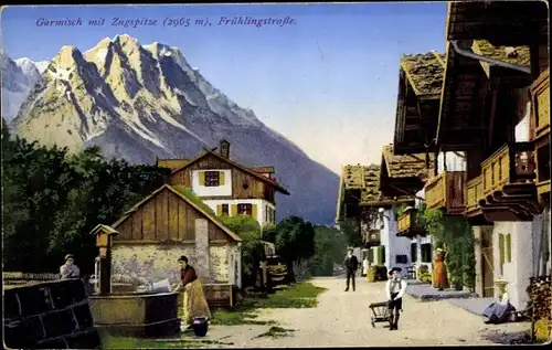 Ak Garmisch Partenkirchen in Oberbayern, mit Zugspitze, Frühlingsstraße