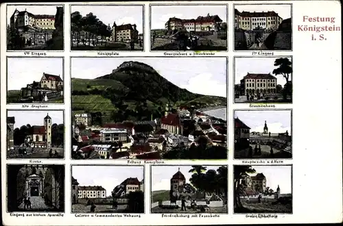 Ak Königstein an der Elbe Sächsische Schweiz, Festung, Eingang, Königstraße, Kirche, Brunnenhaus