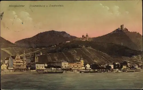 Ak Königswinter am Rhein, Drachenfels, Drachenburg, Blick über den Rhein