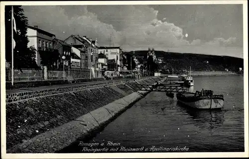 Ak Remagen am Rhein, Rheinpartie mit Rheinwerft u. Apollinariskirche