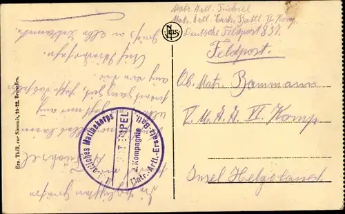 Ak Stempel Deutsche Feldpost 1. WK, Kaiserliches Marinekorps, 2. Komp. Matr. Artl. Ers. Batl.