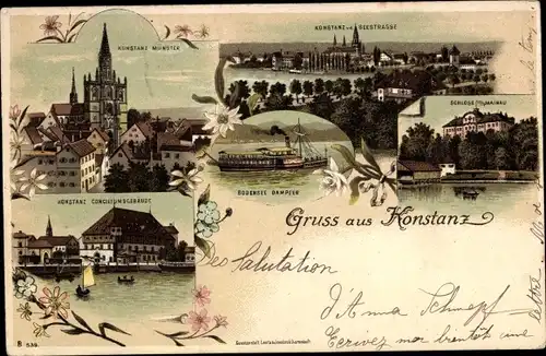 Litho Konstanz am Bodensee, Münster, Conciliumsgebäude, Dampfer, Schloss Mainau