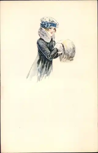 Künstler Ak Frau im Wintermantel mit Hut und Muff