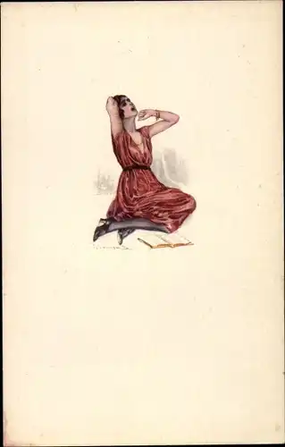 Künstler Ak Gähnende Frau in rotem Kleid
