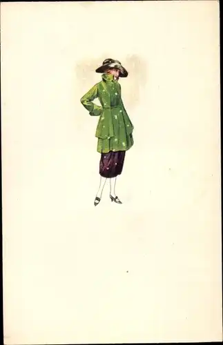 Künstler Ak Frau in grünem Mantel mit Hut
