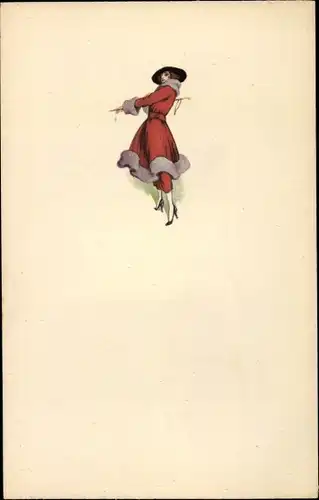 Künstler Ak Frau in rotem Wintermantel