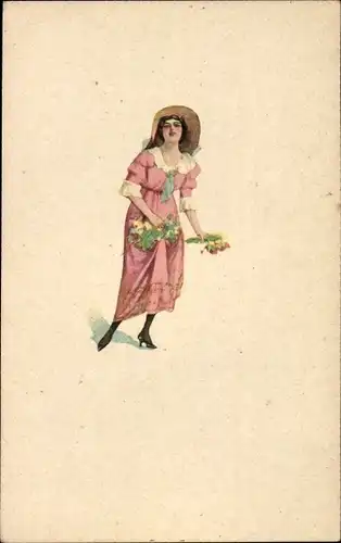 Künstler Ak Junge Frau in rosa Kleid mit Hut und Blumen