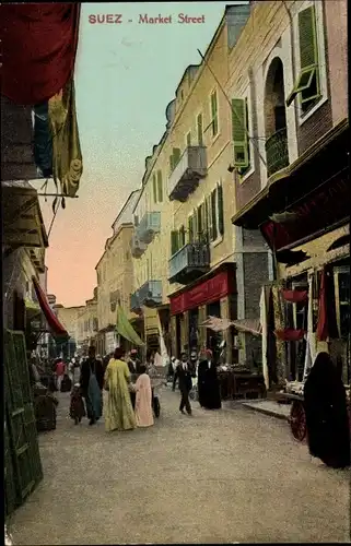 Ak Suez Ägypten, Market Street, Straßenpartie, Geschäfte