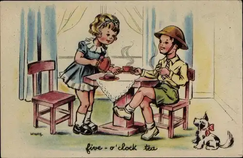 Künstler Ak Five o'clock tea, Kinder als Erwachsene, Junge mit Zigarette