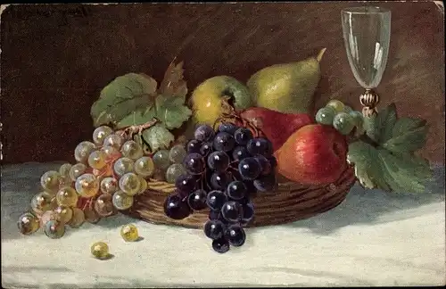 Ak Früchtestillleben, Weintrauben, Birnen, Weinglas