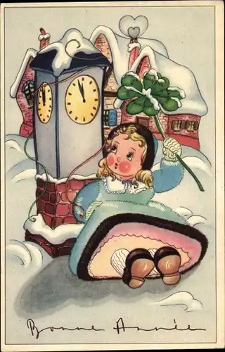 Ak Glückwunsch Neujahr, Mädchen mit Kleeblatt, Straßenuhr