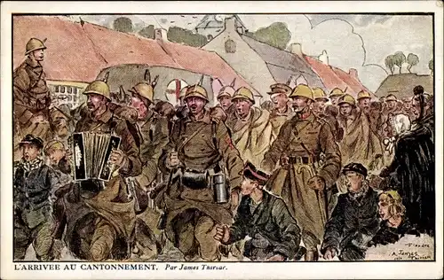 Künstler Ak Thiriar, James, L'Arrivée au Cantonnement, Asiles des Soldats Invalides Belges