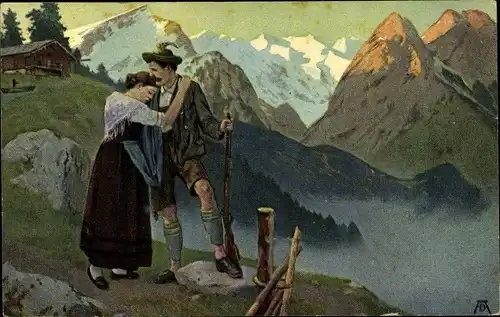 Künstler Ak Paar in Trachten im Gebirge, Alpen, Abschied