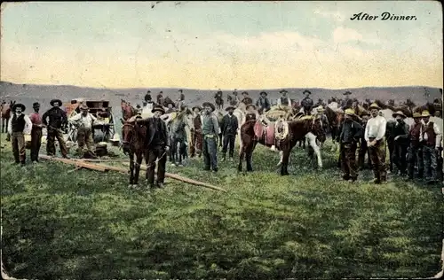 Ak After Dinner, Männer mit Pferden, Cowboys, Kutsche