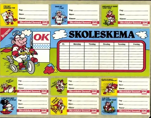 Stundenplan Aufkleberbogen OK Brugsen Supermarkt um 1980