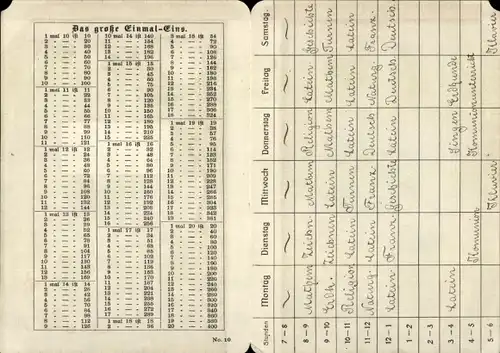 Stundenplan in Buchform, klappbar, Das große Einmal-Eins um 1930