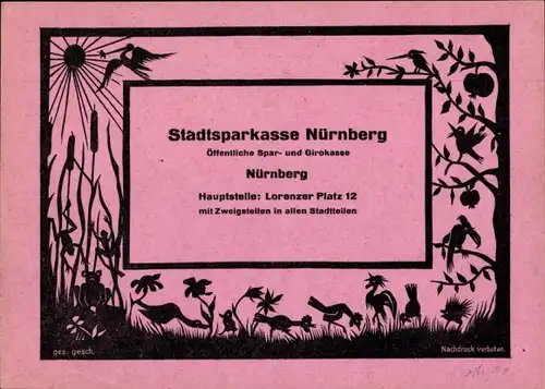 Stundenplan Stadtsparkasse Nürnberg, Scherenschnitt mit Tieren um 1960