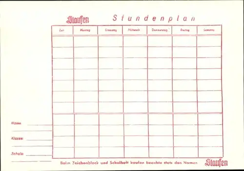 Stundenplan Staufen Zeichenblock, Hefte, Besuch Barbarossa auf den Hohenstaufen um 1960