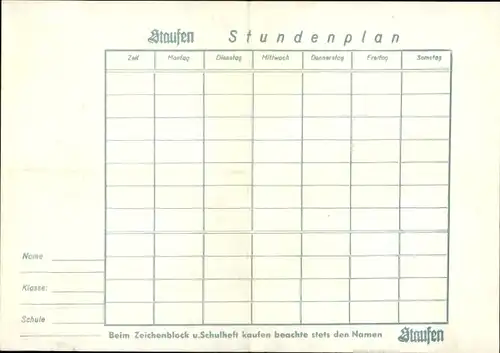Stundenplan Staufen Zeichenblock, Hefte, Besuch Barbarossa auf den Hohenstaufen um 1960