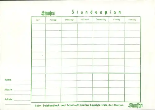 Stundenplan Staufen Zeichenblock, Hefte, Besuch Barbarossa auf den Hohenstaufen um 1960