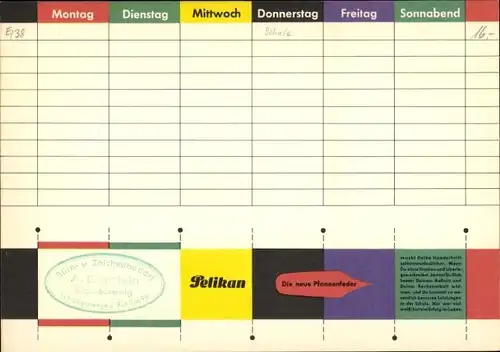 Stundenplan Pelikan Schulfüller 120, besser schreiben, leichter Lernen um 1960