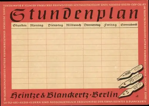 Stundenplan Heintze & Blanckerts Federn Berlin, Schreibfedern für Schreibunterricht um 1940