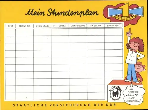 Stundenplan DDR Staatliche Versicherung, Goldene Eins, Bildergeschichte um 1970