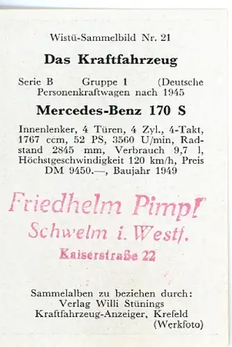 Sammelbild Das Kraftfahrzeug Serie B Gruppe 1, Mercedes Benz 170 S, Wistü Sammelbild Nr. 21