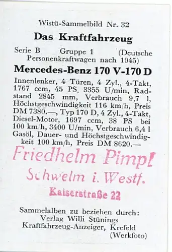 Sammelbild Das Kraftfahrzeug Serie B Gruppe 1, Mercedes Benz 170 V 170 D, Wistü Sammelbild Nr. 32