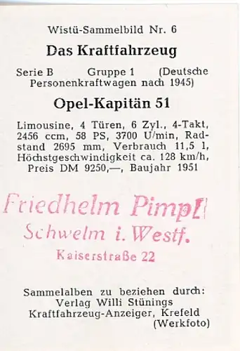 Sammelbild Das Kraftfahrzeug Serie B Gruppe 1, Opel Kapitän 51, Wistü Sammelbild Nr. 6