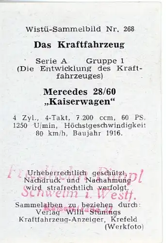 Sammelbild Das Kraftfahrzeug Serie A Gruppe 1, Mercedes 28/60 Kaiserwagen, Wistü Sammelbild Nr. 268