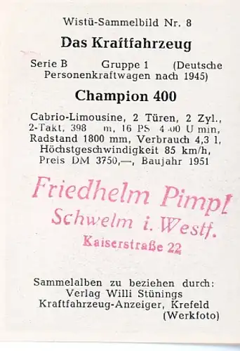 Sammelbild Das Kraftfahrzeug Serie B Gruppe 1, Champion 400, Wistü Sammelbild Nr. 8