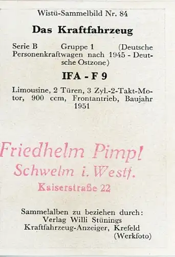 Sammelbild Das Kraftfahrzeug Serie B Gruppe 1, IFA F 9, Wistü Sammelbild Nr. 84