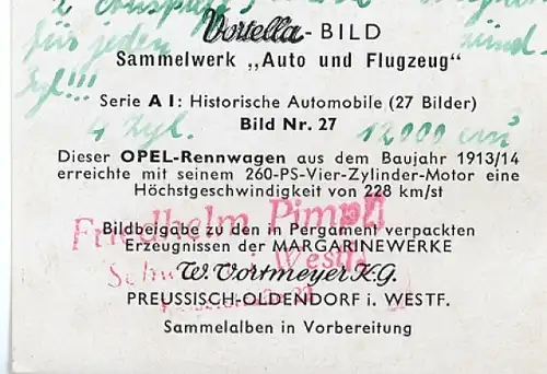 Sammelbild Sammelwerk Auto und Flugzeug, Serie A I Bild 27, Opel Rennwagen, Vortella Bild