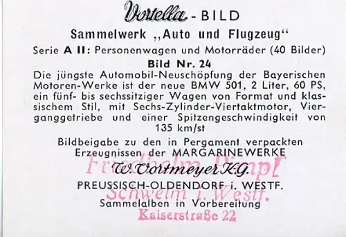 Sammelbild Sammelwerk Auto und Flugzeug, Serie A II Bild 24, BMW 501, Vortella Bild