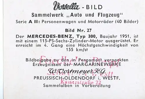 Sammelbild Sammelwerk Auto und Flugzeug, Serie A II Bild 27, Mercedes Benz 300, Vortella Bild