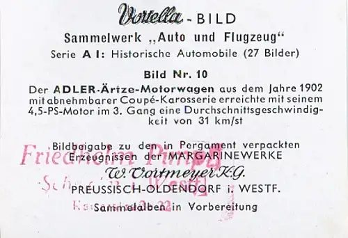 Sammelbild Sammelwerk Auto und Flugzeug, Serie A I Bild 10, Adler Ärzte Motorwagen, Vortella Bild